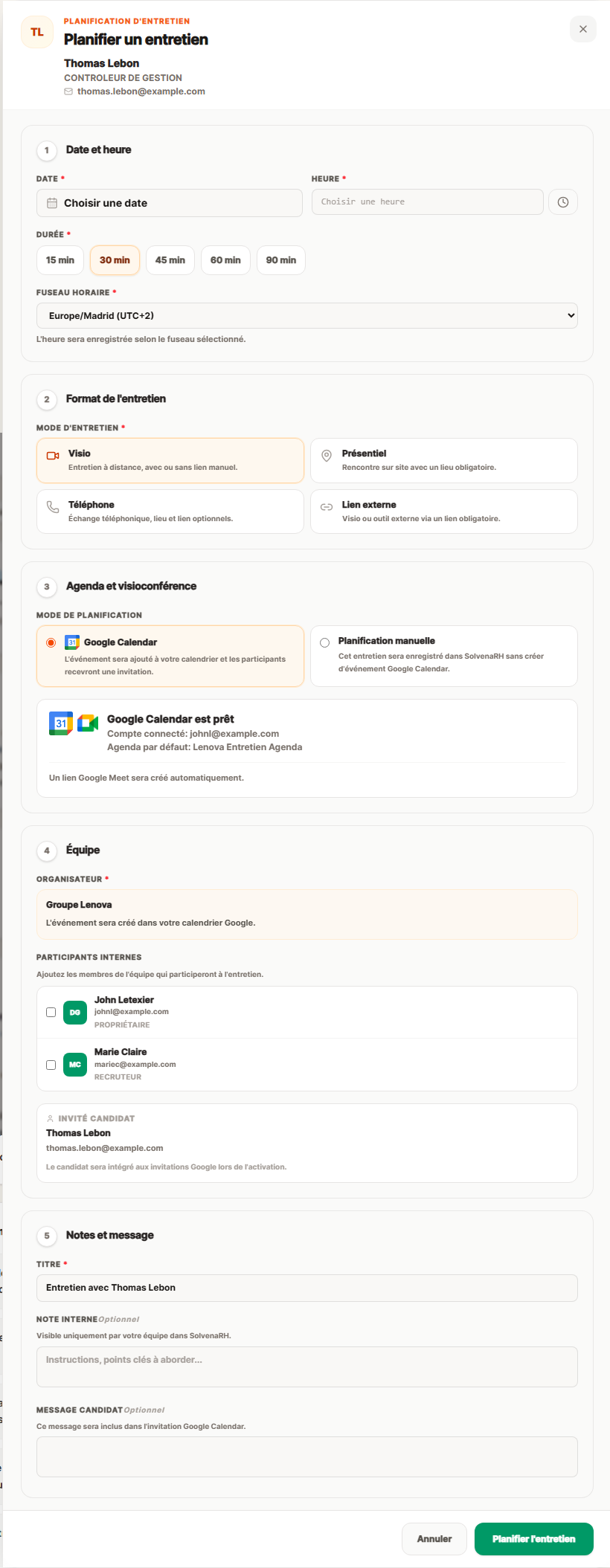 Interface SolvenaRH : planification d’un entretien