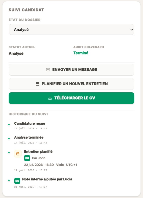 Interface SolvenaRH : suivi candidat avec statut et historique