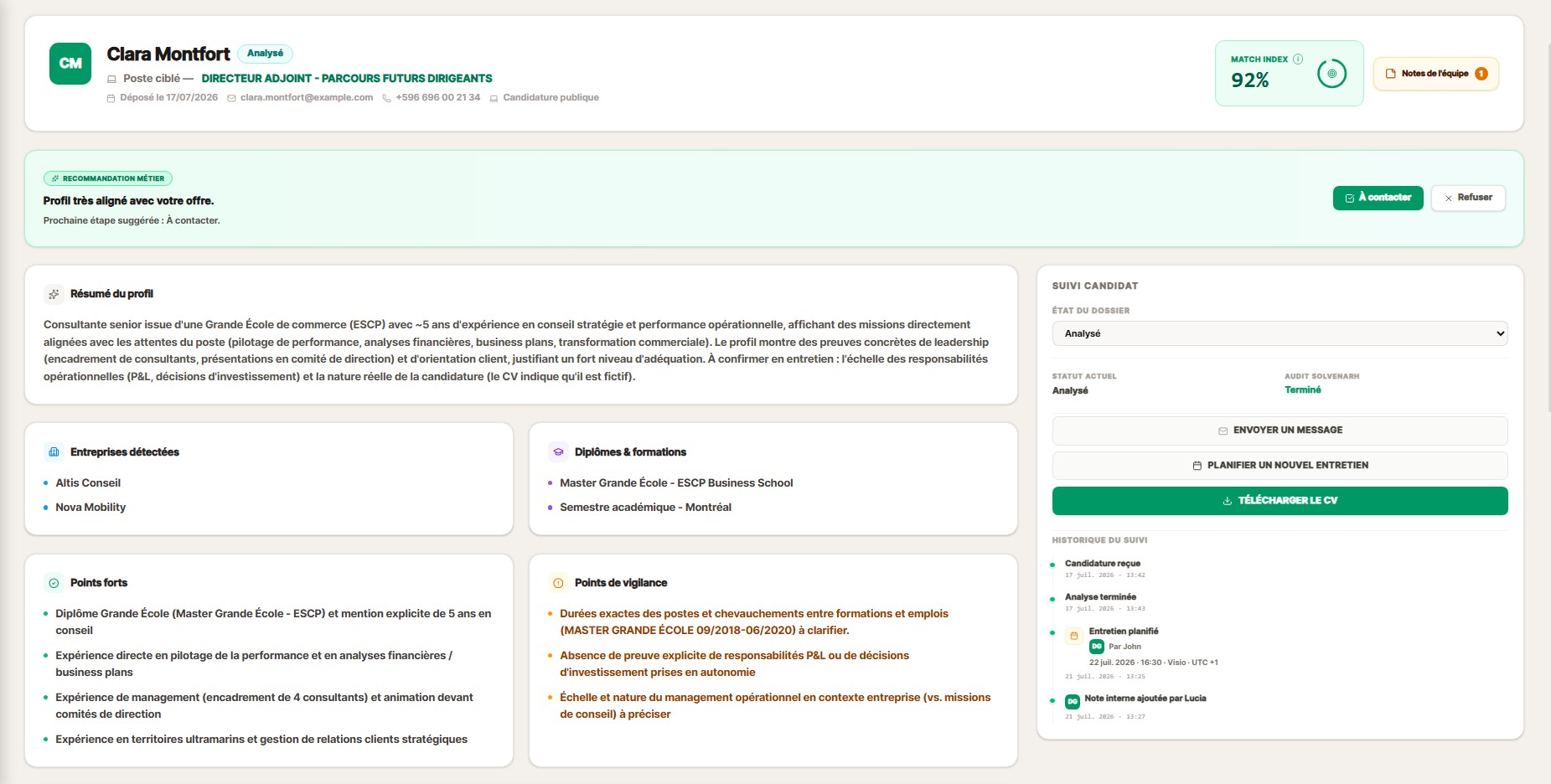 Interface SolvenaRH : vue candidat avec identité, statut et audit structuré